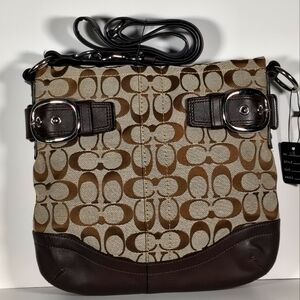 Brown COACH Patterned Crossbody Bag with Adjustable Strap light purple inside